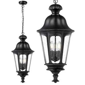 23 in. 3-light Black Outdoor Pendant Light with Seeded Glass and No Bulbs Included Hanging Chandelier for Porch Patio