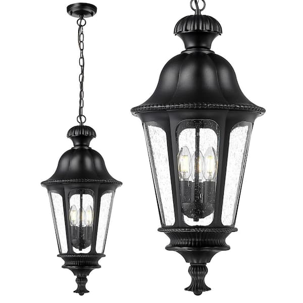 JAZAVA 23 in. 3-light Black Outdoor Pendant Light with Seeded Glass and No Bulbs Included Hanging Chandelier for Porch Patio