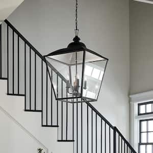 Dame 4-Light Textured Black Vintage Lantern Foyer Pendant Hanging Light with Clear Glass