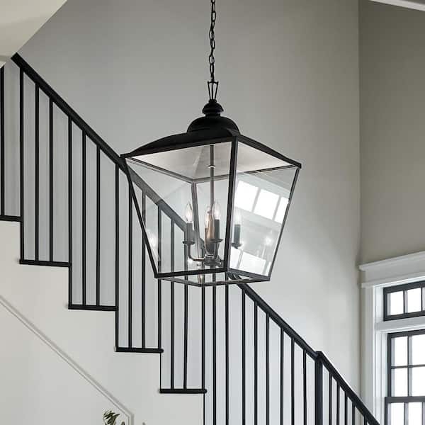 Dame 4-Light Textured Black Vintage Lantern Foyer Pendant Hanging Light with Clear Glass