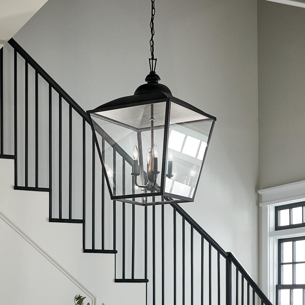 Textured Black 4-Light Lantern Pendant with Glass Panels