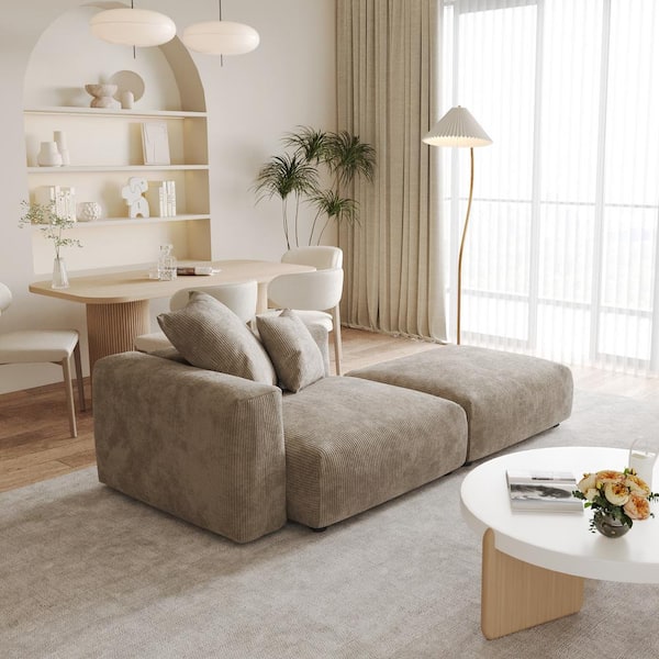 J&E Home 90.55 in. Brown Corduroy Velvet Modular Free Combination Armchair Sofa with Ottoman