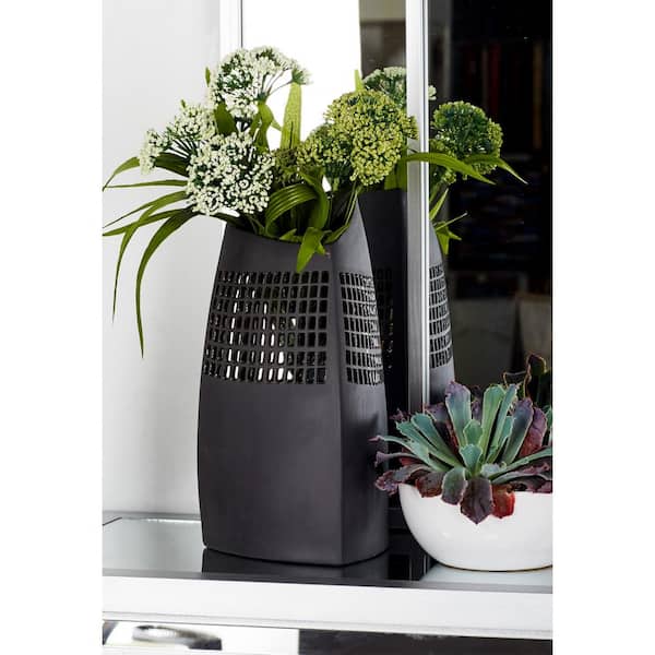 Litton Lane Black Ceramic Decorative Vase with Triangular Body and Square Cutout Design