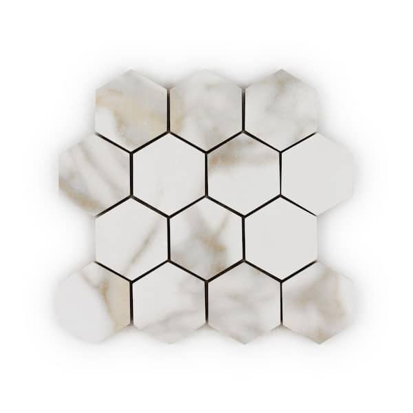 Jeffrey Court Take Home Tile Sample - 3 in. Hexagon Calacatta Gold/White 4 in. x 4 in. Textured Matte Porcelain Wall/Floor Mosaic Tile