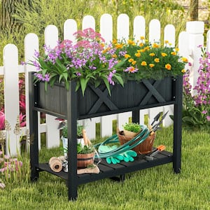 34 in. x 18 in. x 29 in. HIPS Raised Garden Bed with Storage Shelf and Drainage Holes in Black