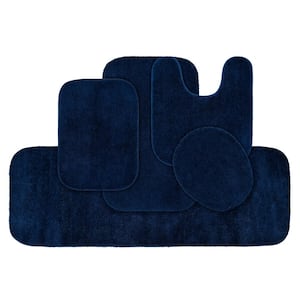 Navy Blue Traditional Plush Nylon 5-Piece Bath Rug Set