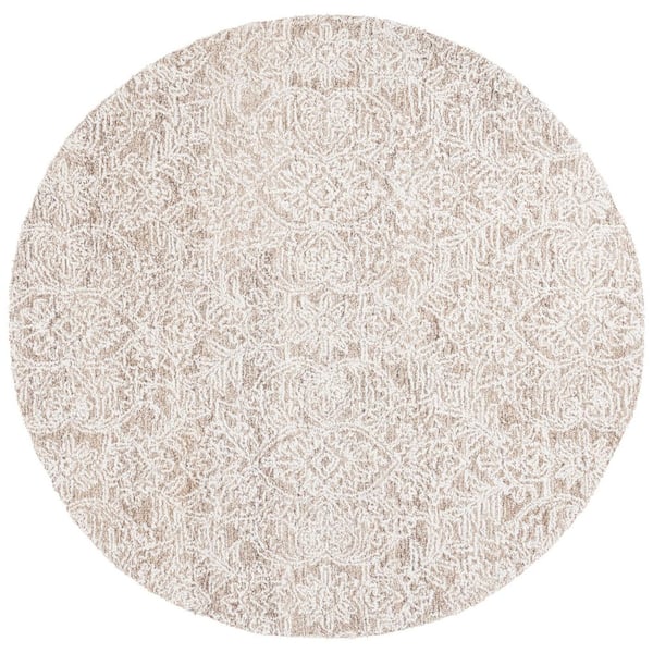 Ebony 6 ft. x 6 ft. Brown/Ivory Floral Ornate Round Area Rug