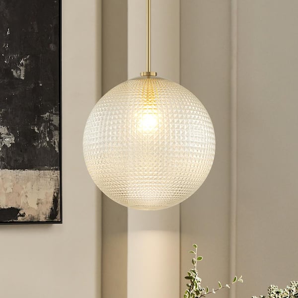 Carol 1-Light 13.8 in. Brushed Gold Modern Textured Glass Globe Pendant Light for Elegant Interiors