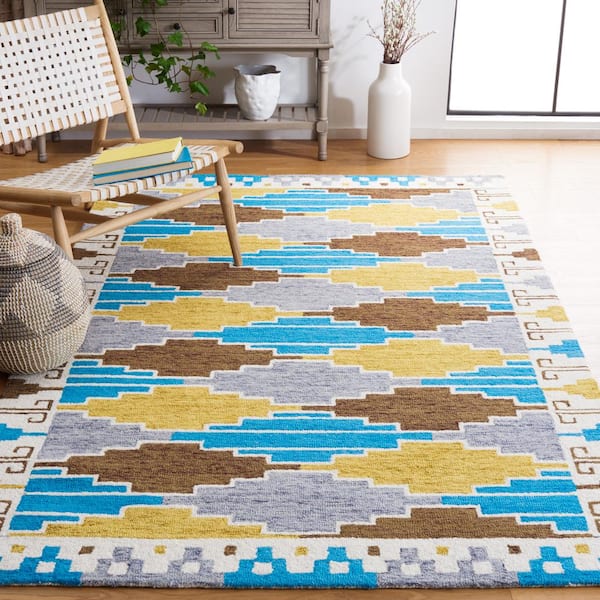 Rodeo Drive Blue/Ivory 4 ft. x 6 ft. Wool Geometric Border Area Rug