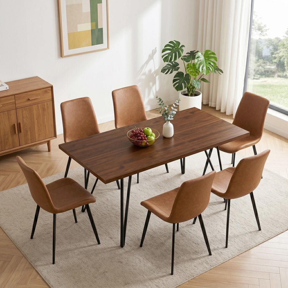 7-Piece Set Brown Chairs and Walnut Rectangular Dining Table, Dining Table Set, Dining Room Set with 6 Chairs