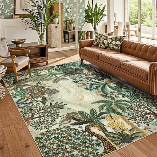 Green 8 ft. x 10 ft. Washable Jungle Botanical Print Rug Soft and