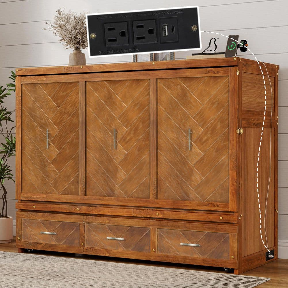 Brown Pine Wood Frame Queen Murphy Bed with USB Charging, Fold-Down Cabinet Bed with Geometric Panel & Storage Drawer price history on PriceWatchPro
