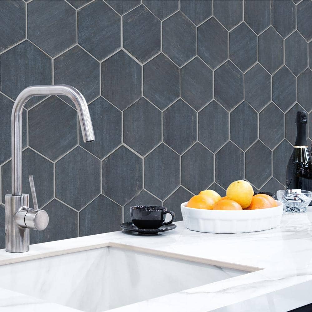 Retro Blue Matte Hexagonal Porcelain Tile 7" x 8"