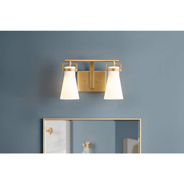 Clermont 14.75 in. 2-Light Satin Brass Bathroom Vanity Light with Milk Glass Shades