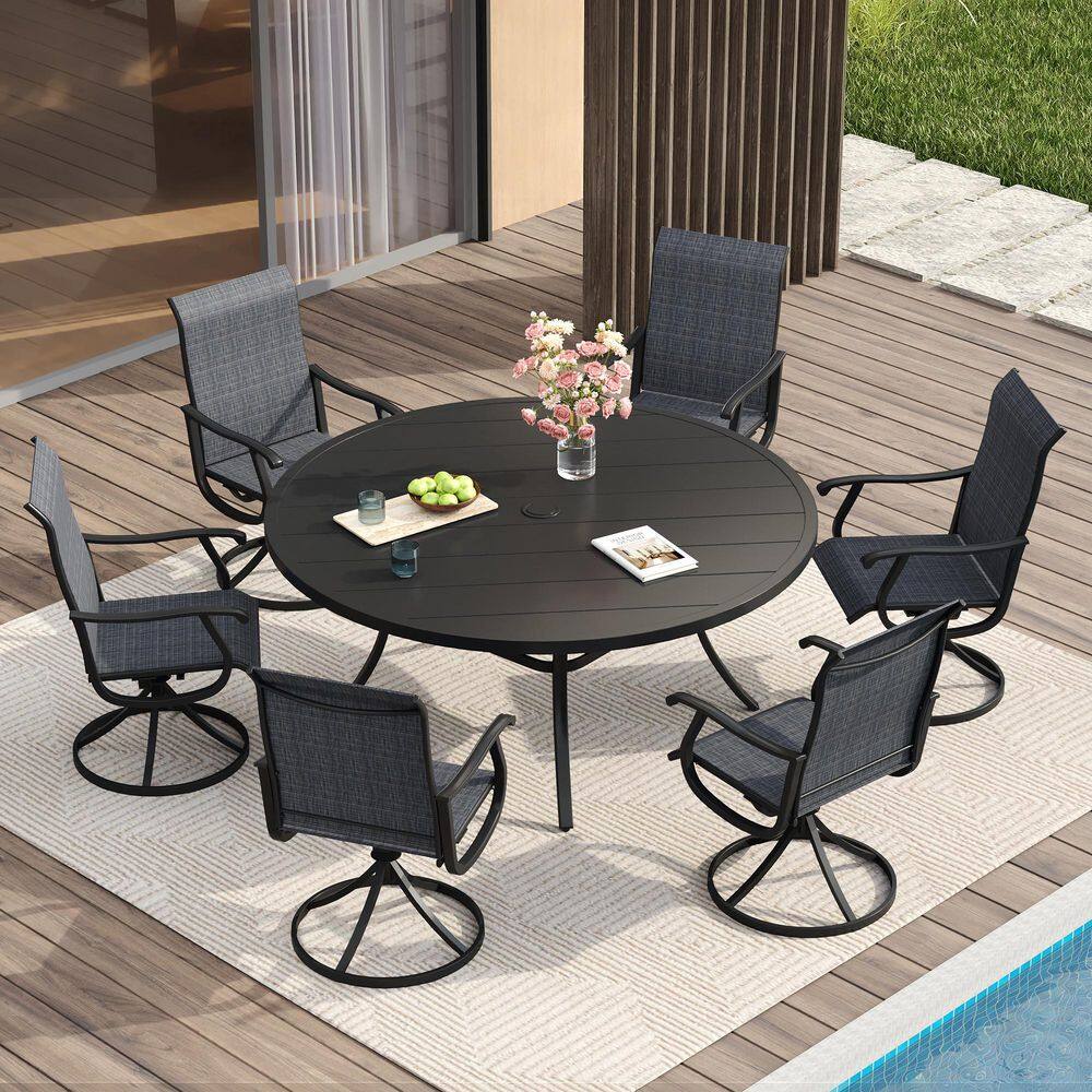 7-Piece Metal Patio Dining Set with Black Round Dining Table and 6 Dark Grey Textilene Swivel Dining Chairs price history on PriceWatchPro
