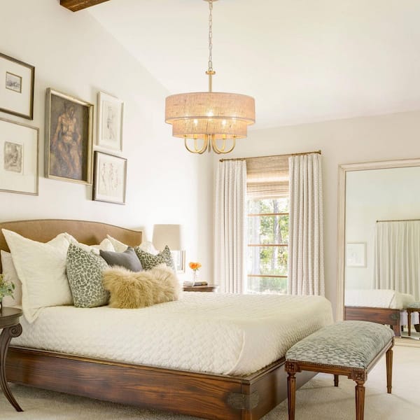 5-Light Gold Candlestick Chandelier Linear Chandelier Lighting with Burlap Cloth Cover for Kitchen Island