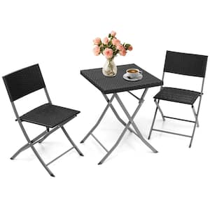 3-Piece Patio Bistro Set Folding Wicker Chairs & Table Outdoor Patio Furniture Set Black