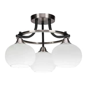 Madison 16 in. 3-Light Matte Black and Brushed Nickel Semi-Flush Mount with White Muslin Glass Shade