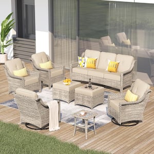 Tulip K Gray 8-Piece Wicker Patio Outdoor Conversation Sofa Set with Swivel Rocking Chairs and Beige Cushions