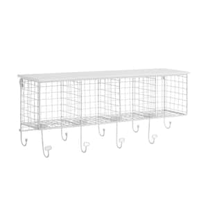 Decorah White Metal 4-Cubby Wall Shelf with 9 Hooks