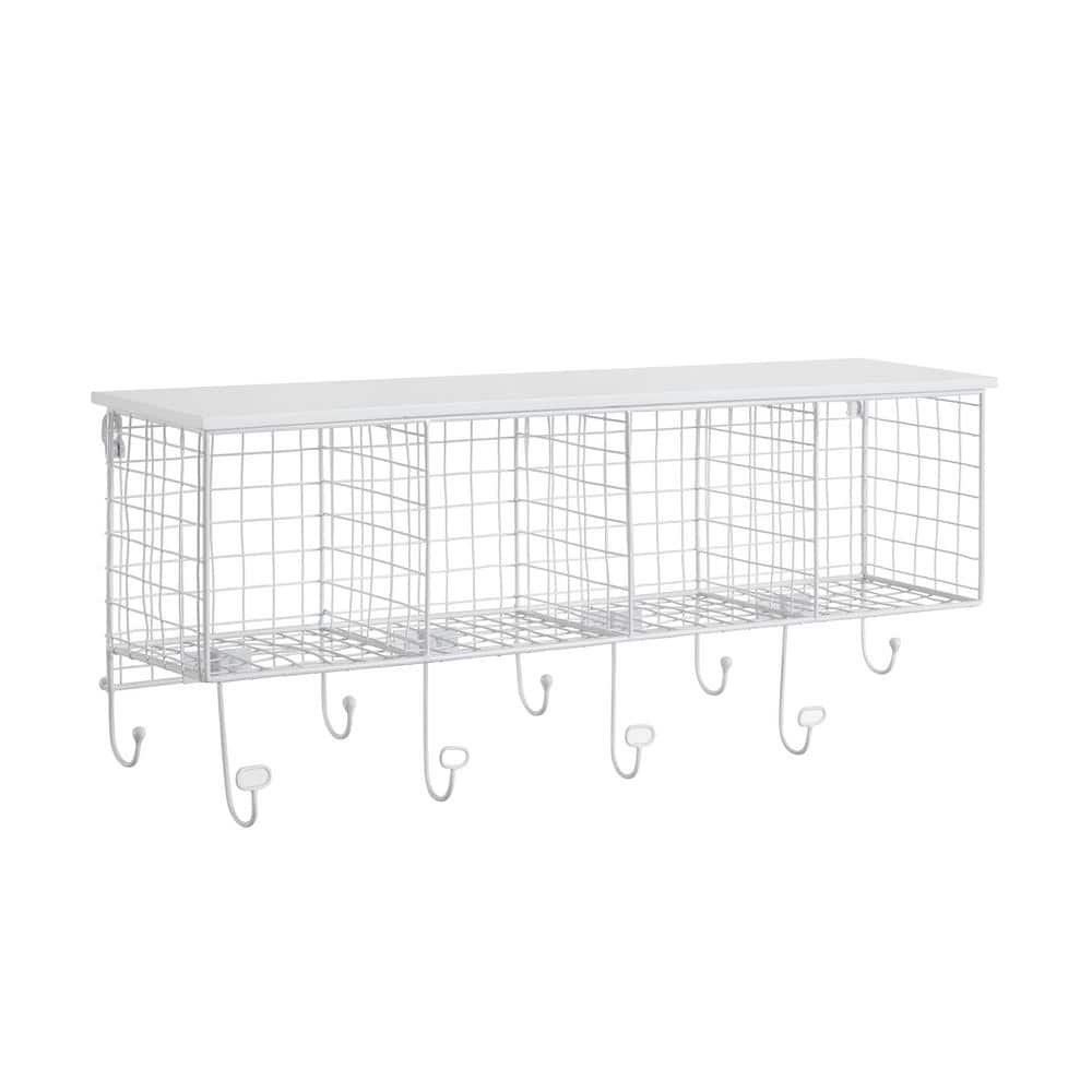 Decorah White Metal 4-Cubby Wall Shelf with 9 Hooks -  Linon Home Decor, THD03617