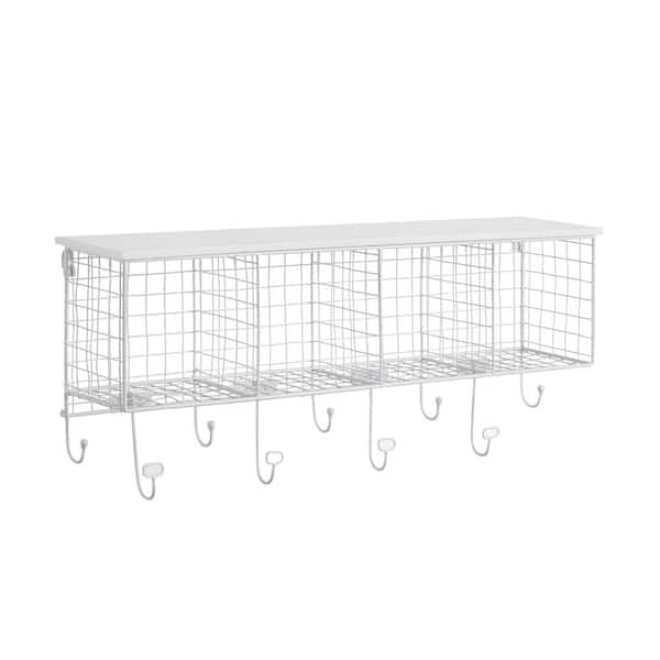 Linon Home Decor Decorah White Metal 4-Cubby Wall Shelf with 9 Hooks
