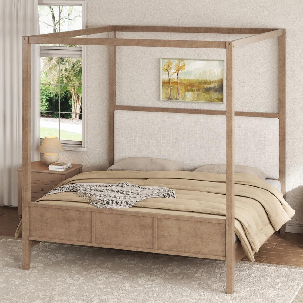 Walnut Queen Size Wooden Canopy Platform bed with Upholstery Headboard price history on PriceWatchPro