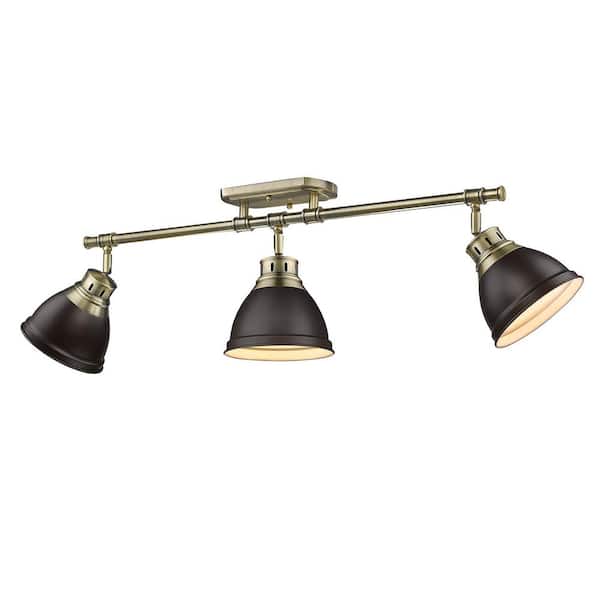 Golden Lighting Duncan 6.5 in. 3-Light Aged Brass Semi-Flush Mount with Bronze Shade and No Bulbs Included