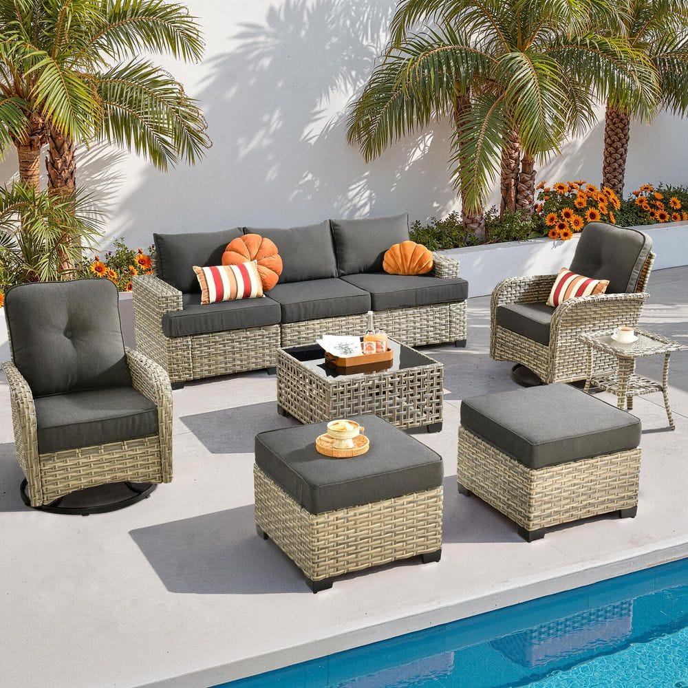 Solarium 9 Pieces Wicker Outdoor Patio and Swivel Rocking Chairs with Black Cushions