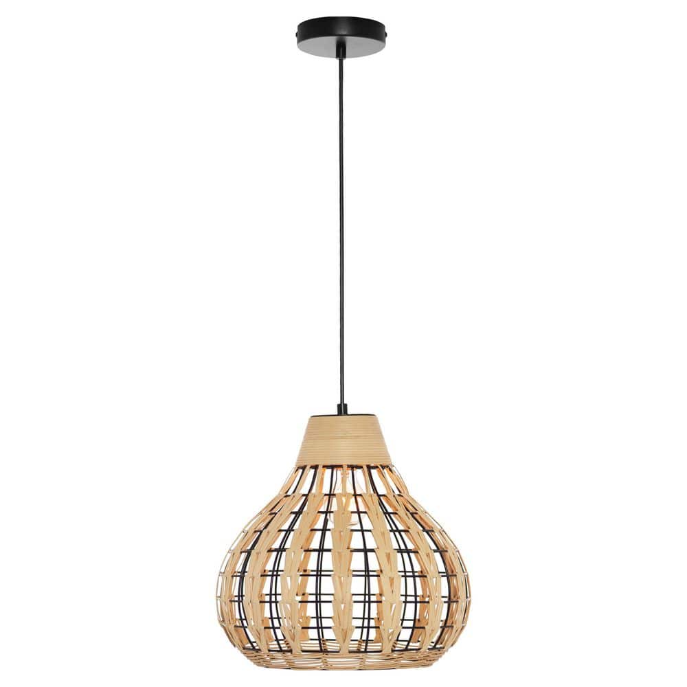 River of Goods Everett 13 in. 1-Light Black Pendant with Natural Rattan Metal Shade
