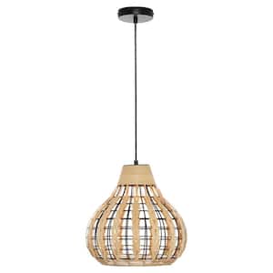 Everett 13 in. 1-Light Black Pendant with Natural Rattan Metal Shade
