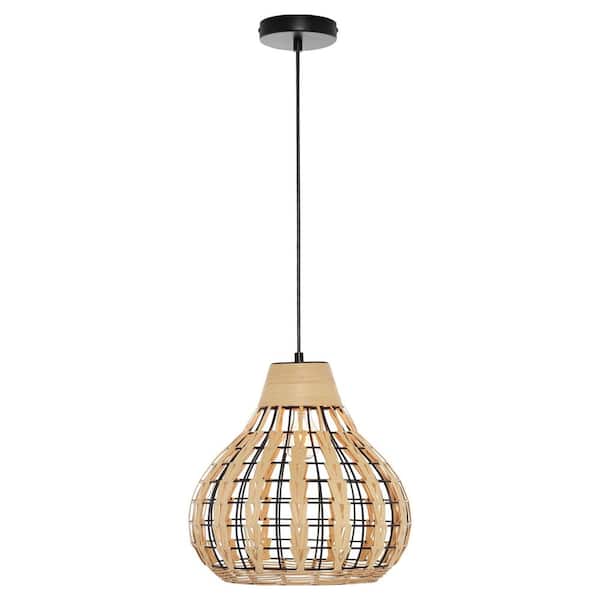 River of Goods Everett 13 in. 1-Light Black Pendant with Natural Rattan Metal Shade