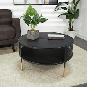 32 in. Black Medium Round Metal Open Grid Frame 1-Shelf Geometric Coffee Table with Gold Legs