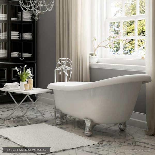 PELHAM & WHITE Brookdale 60 in. Acrylic Slipper Clawfoot Bathtub in White, Cannonball Feet, Drain in Polished Chrome
