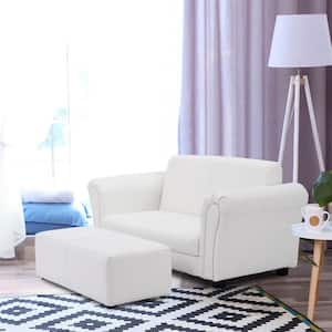White Faux Leather Upholstery Kids Arm Chair Kids Sofa Couch Lounge with Ottoman