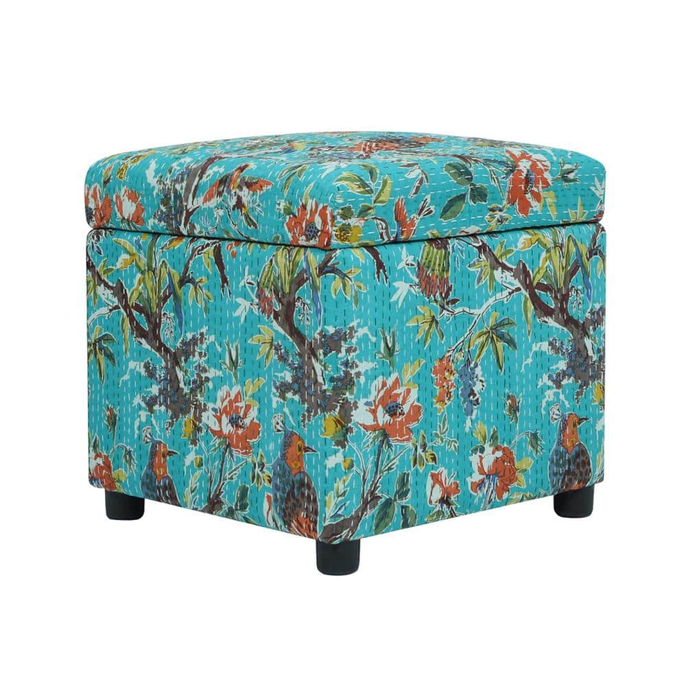 Jennifer Taylor Jacob Teal Blue Tropical Floral Cotton Cube Storage 18 ...