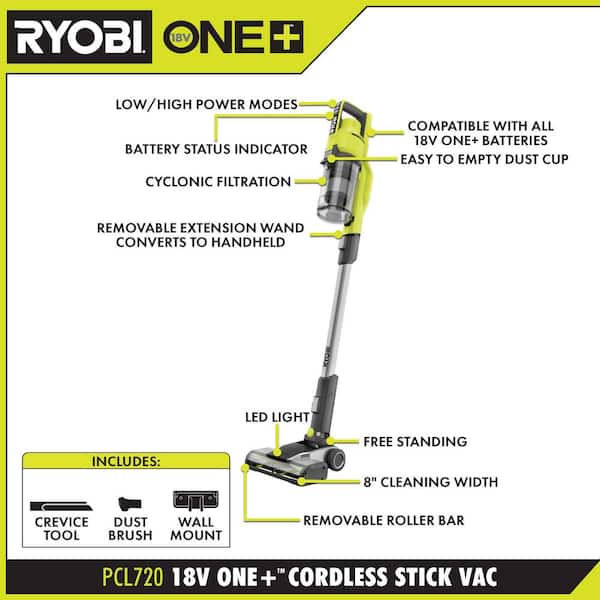 RYOBI ONE+ 18V Cordless Stick Vacuum Cleaner Kit with 4.0 Ah Battery and  Charger PCL720K The Home Depot