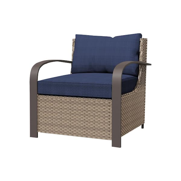 Wicker Patio Outdoor Lounge Chairs with Blue Cushions, Handwoven Rattan