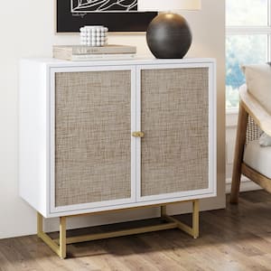 Kova Natural Cane Rattan Doors Accent Cabinet with Brass Metal Base and Adjustable Shelf for Hallway or Living Room