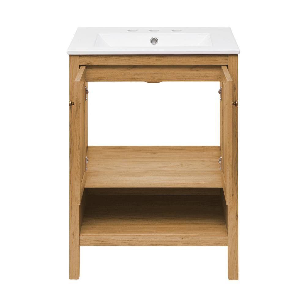 Natural Oak and White Ceramic Freestanding Bathroom Vanity