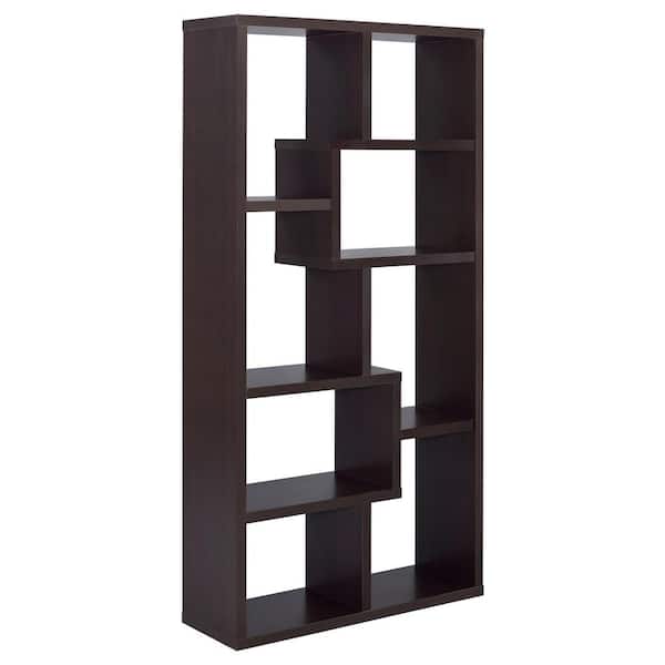 Theo 70.75 in. Tall Cappuccino Wood 10-Shelf Geometric Accent Bookcase - Thumbnail 5