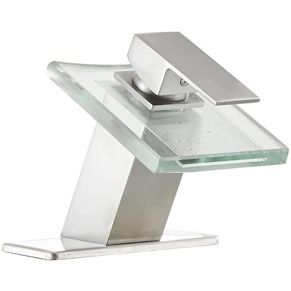 FLG Single Handle Single Hole Waterfall Bathroom Sink Faucet with Deckplate Included and Spot Resistant in Brushed Nickel