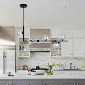 Herculaneum 6-Light Black Modern Linear Branch Glass Bubble KitchenIsland Pendant with Clear Glass Globe for Dining Room