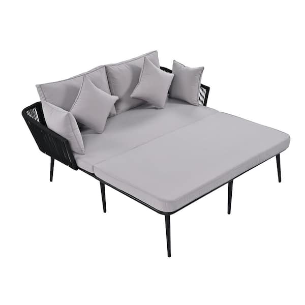 Zeus & Ruta Metal Outdoor Patio Day Bed with Woven Nylon Rope Backrest, Gray Cushions for Balcony, Poolside, Set for 2 Person