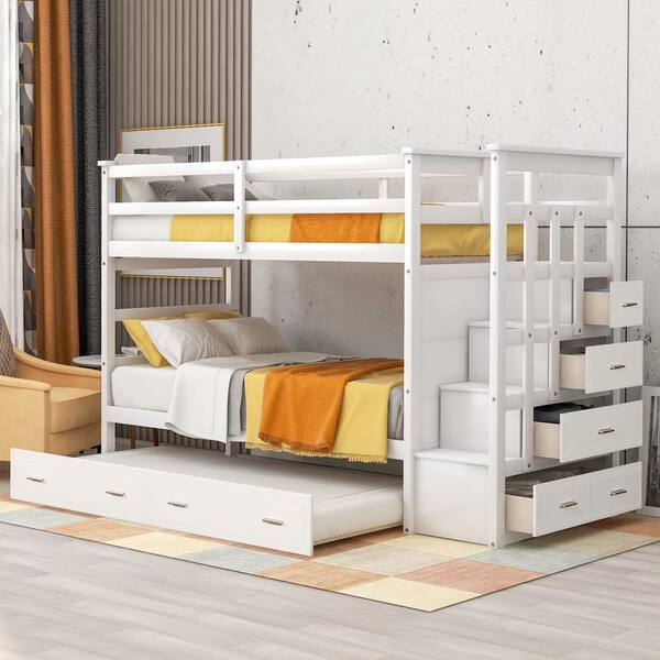 Harper & Bright Designs White Twin over Twin Bunk Bed with Trundle and Drawers