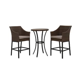 Mongue 3-Piece PE Rattan Wicker Patio Conversation Set Outdoor High Bar Chairs and Bistro Table with Gray Cushion