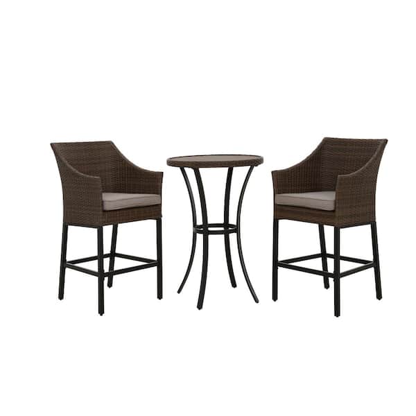 Mondawe Mongue 3-Piece PE Rattan Wicker Patio Conversation Set Outdoor High Bar Chairs and Bistro Table with Gray Cushion