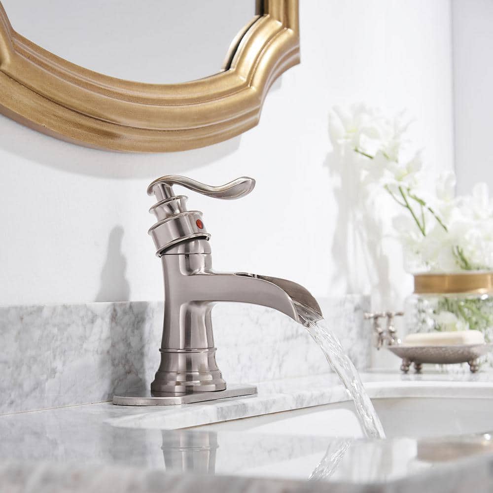 Brushed Nickel Waterfall Single-Handle Bathroom Faucet with Drain Assembly