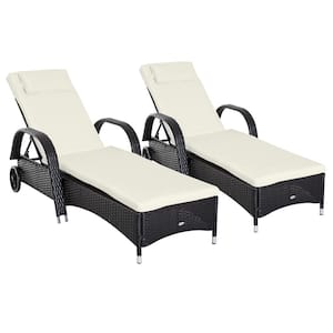 2-Piece Metal, Rattan Reclining Outdoor Chaise Lounge Sunbathing Chair with Cream White Cushions