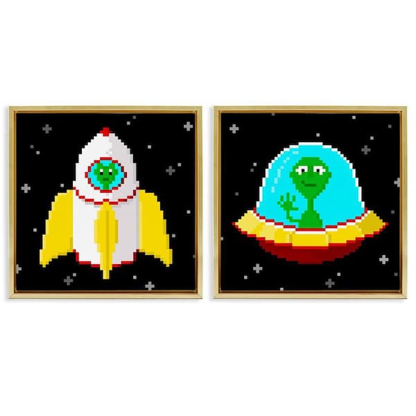 Stupell Industries Pixel Alien Spaceships by June Erica Vess 2-Pieces Gold Floater Frame Fantasy Graphic Art Print 18 in. x 18 in.